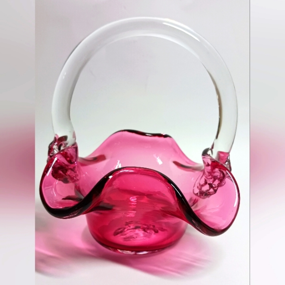 Hand Blown Pink Glass Basket with Clear Glass Handle Applied Flowers on Sides